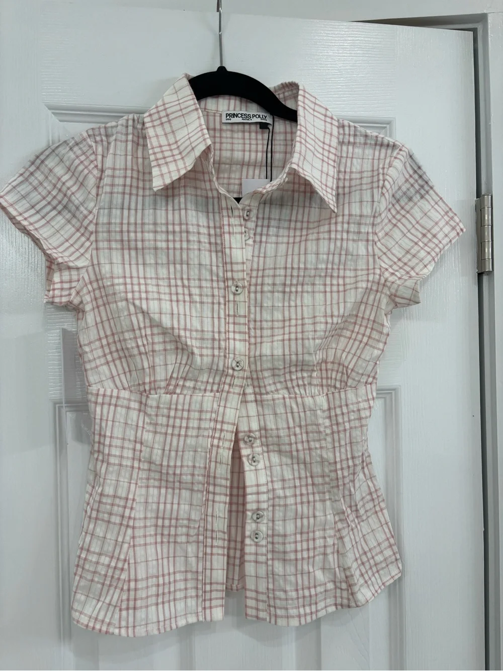 Princess Polly Pink Plaid Short-Sleeve Button Down Top - Picture 3 of 7